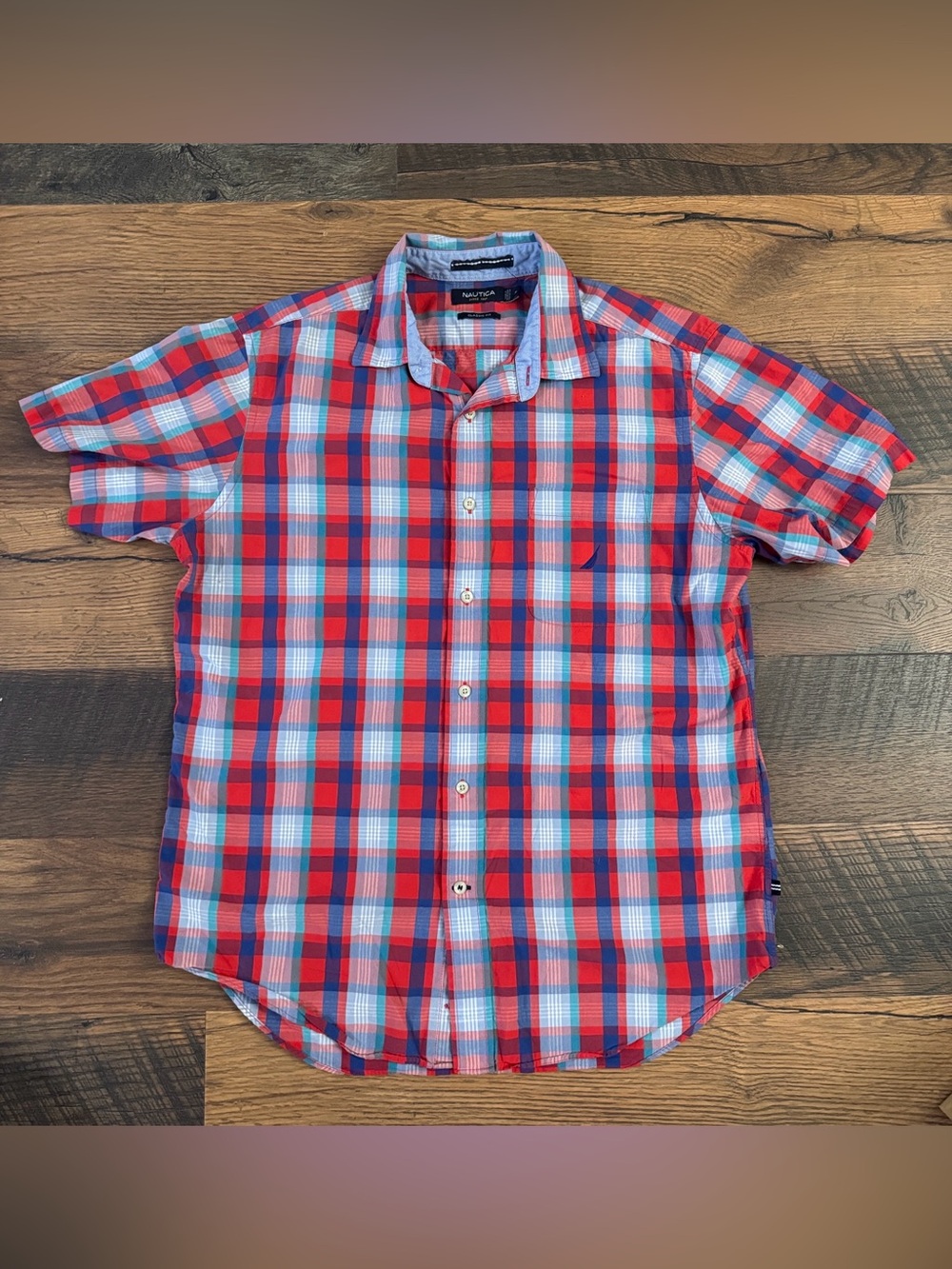 Nautica Men’s Red, Blue & White Plaid Short-Sleeve Button-Down Shirt